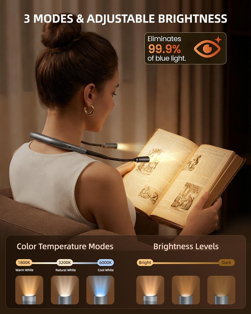 Rechargeable Book Light,3 Colors and Brightness Adjustable Reading Light,Bend...