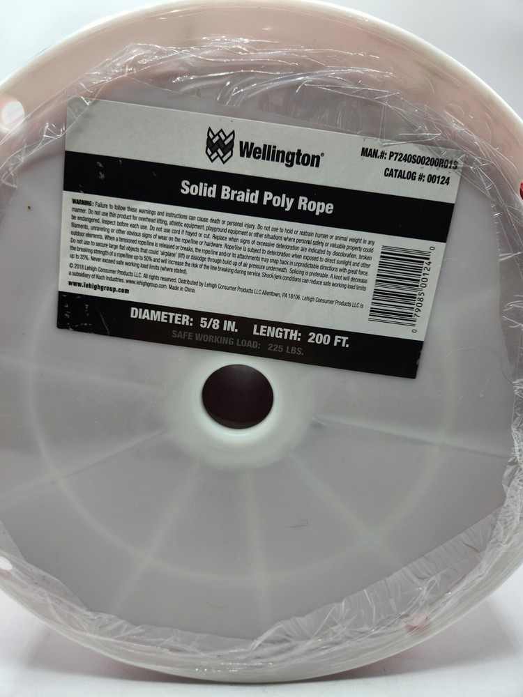 Wellington Solid Braid Poly Rope Red, Boating, Derby - 1 Reel - 200 Ft.