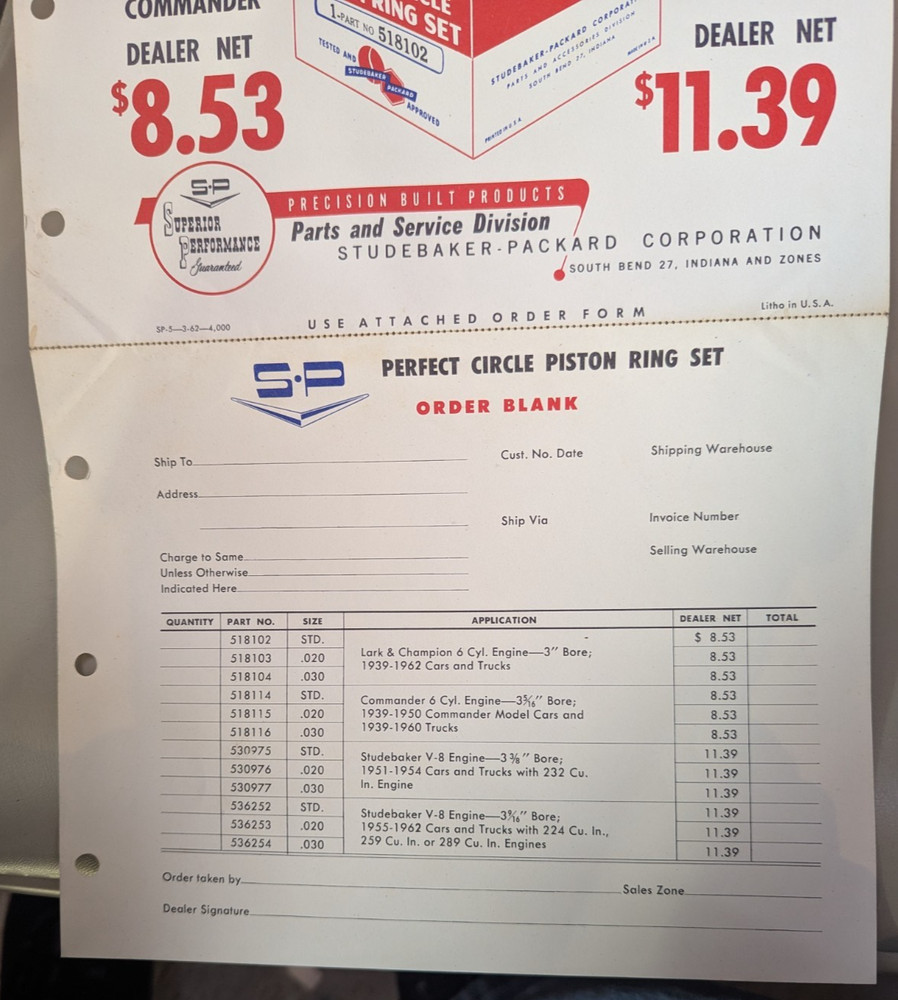 Studebaker Accessory Piston Ring Sets Flyer