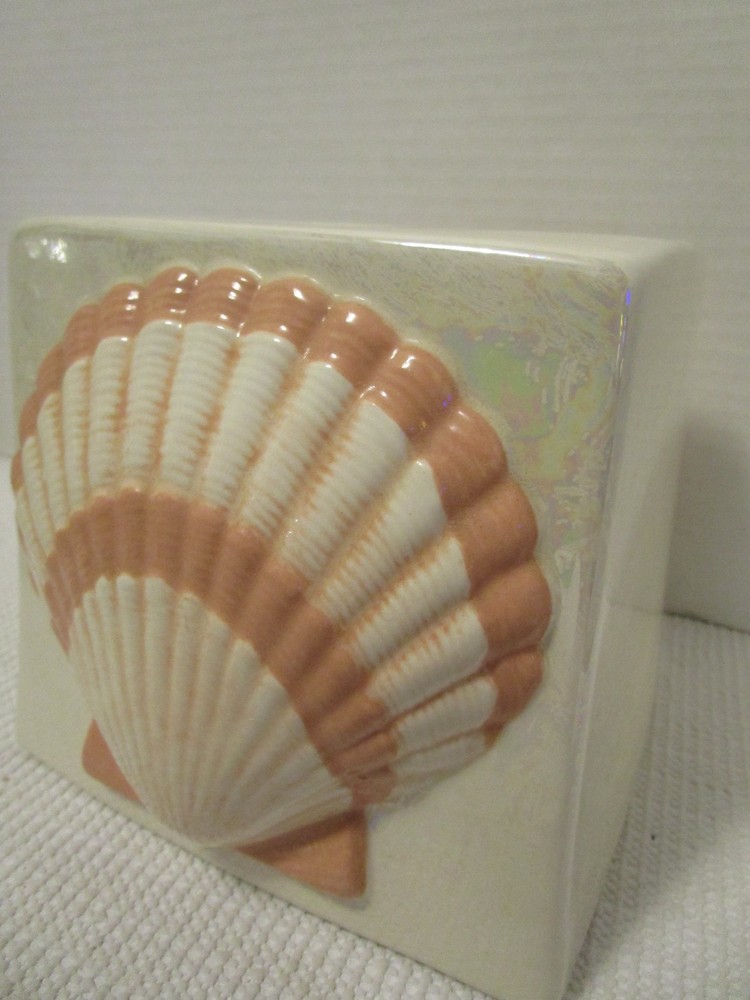Ceramic Embossed Seashell Pearlized Tissue Box Cover Cottage Beach Nautical