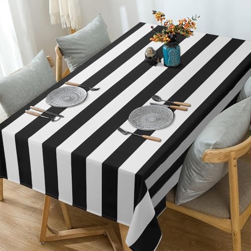 and White Striped Tablecloth for Rectangle 104" x 60" (Rectangular) Black