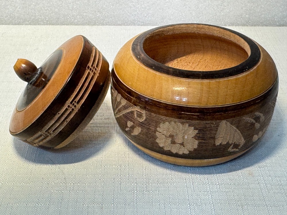 Vintage Turned Wood Lidded Box Pyrography Trinket Jar Rustic Small Storage Conta