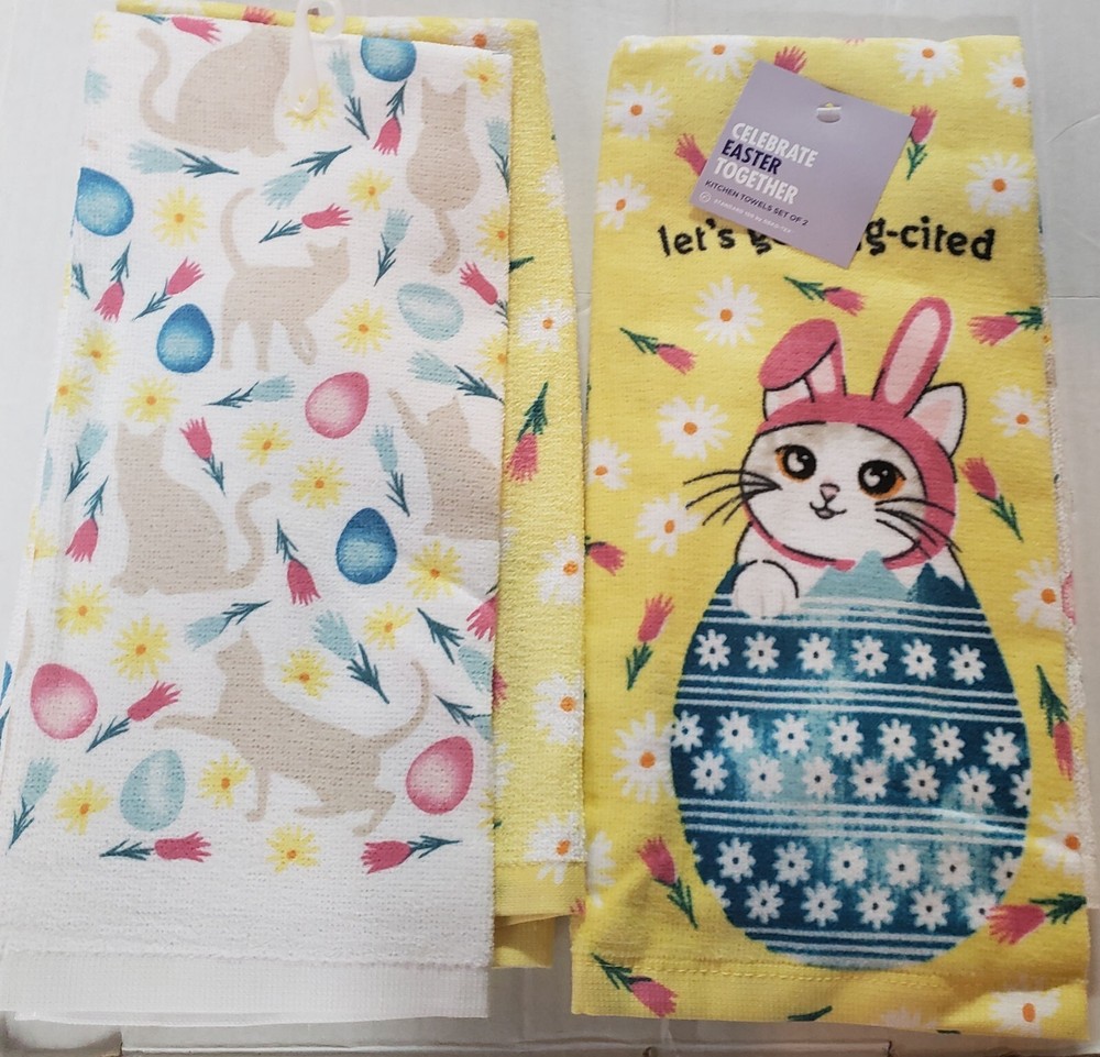 2 DIFFERENT PRINTED TERRY TOWELS (16.5"x26") EASTER,CATS,LET'S GET EGG-SITED, KO