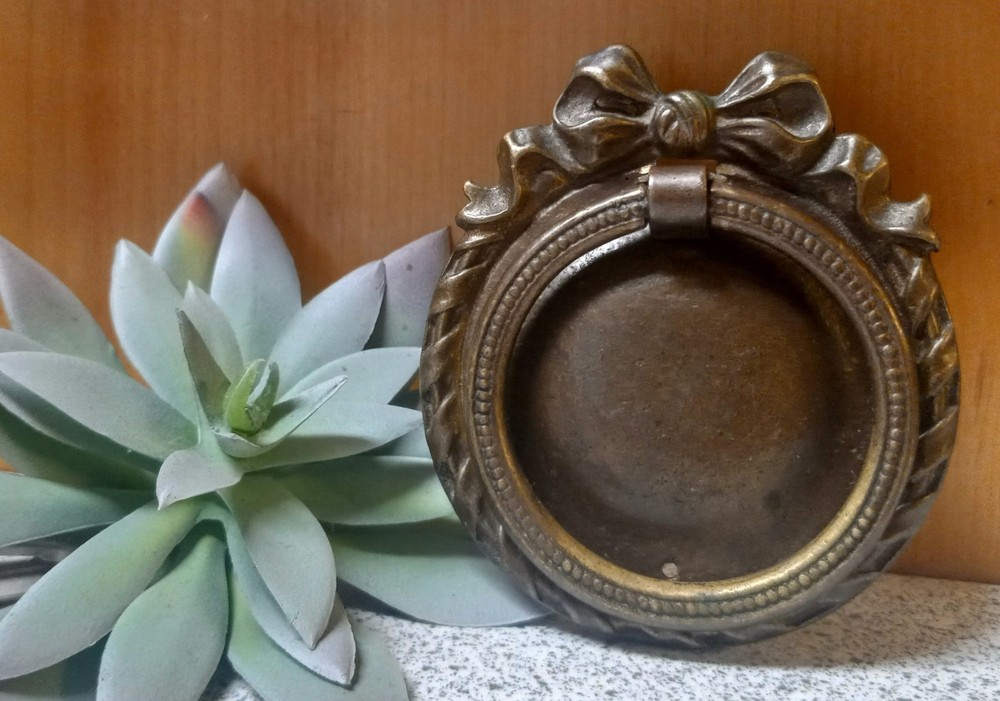 Antique Victorian Cast Brass Ornate Drop Ring Drawer Pull Decorative Makers Mark