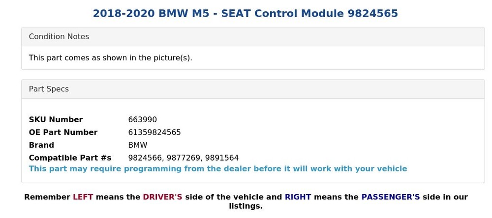 2018-2020 BMW M5 - SEAT Control Module 9824565