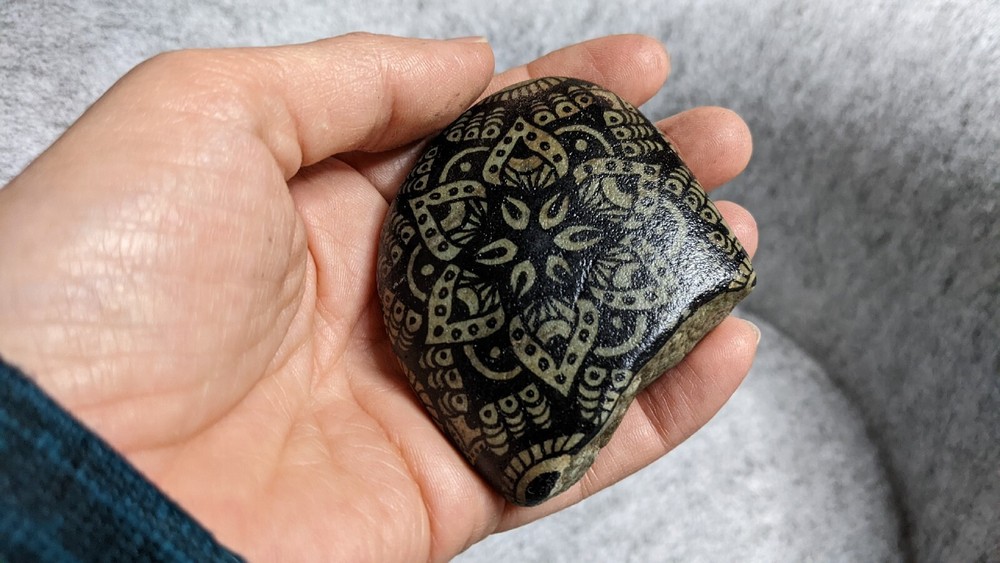 Hand Painted Rock / Stone - mandala black line design