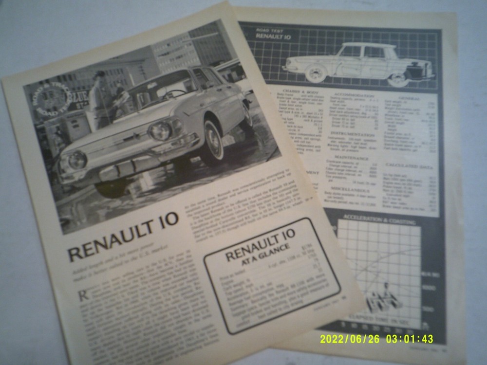 1967 RENAULT 10 ORIGINAL 1ST LOOK ROAD TEST ARTICLE SPECS