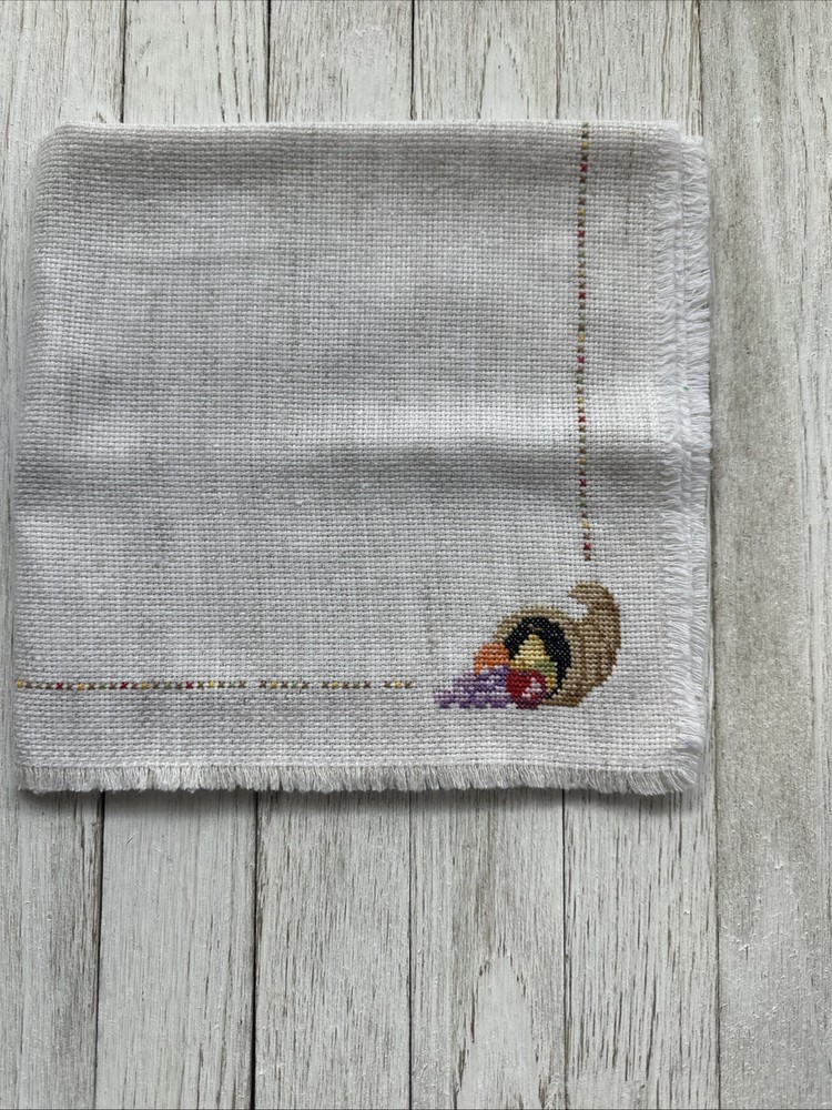 Bread Cloth, Basket Liner, Thanksgiving Cornucopia & Border, Hand Cross Stitched