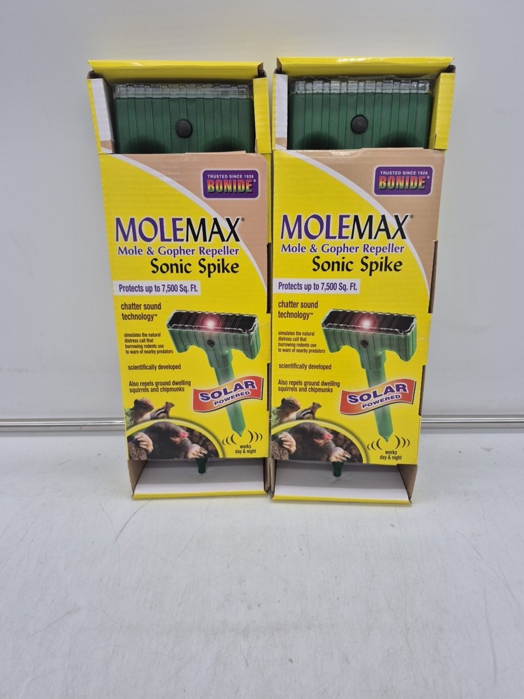 (2) Molemax Mole & Gopher Repeller Sonic Spike Bonier Solar Powered Day & Night