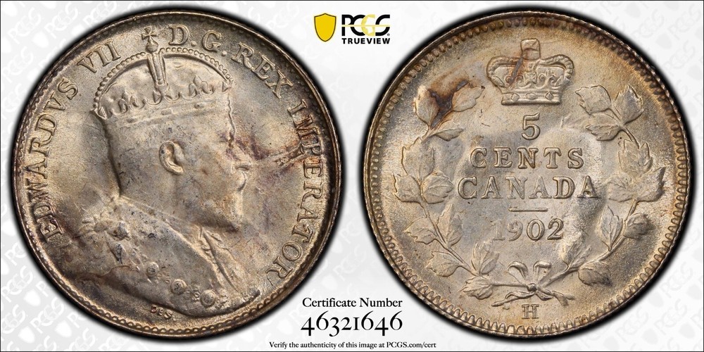 1902-H Canada 5 cents silver Large H PCGS MS64