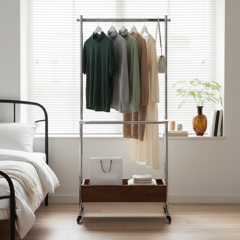 Small Clothes Rack with Wheels Removable Drying Rack Double-pole for Small Space