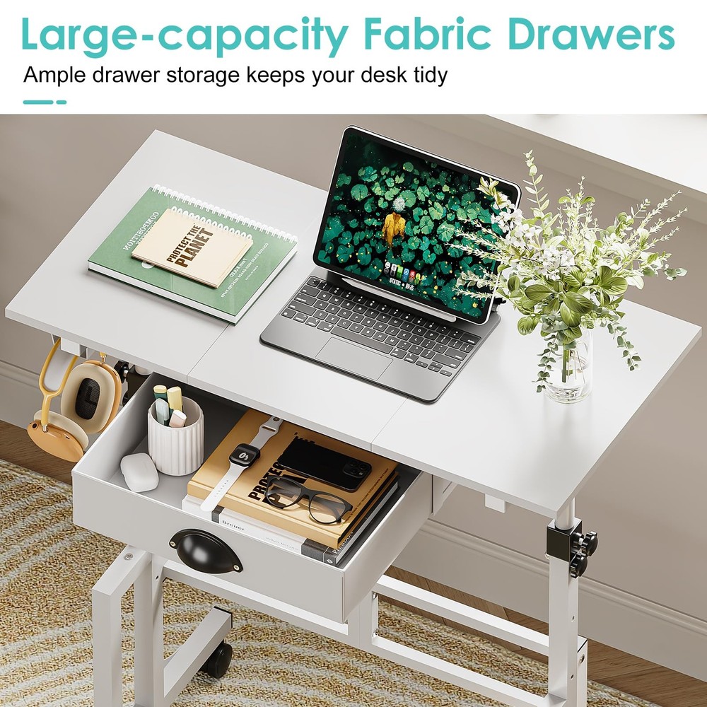 Small White Standing Computer Desk with Drawers,Height Adjustable Home Office Si