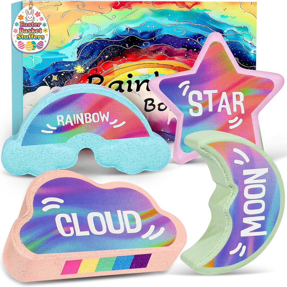 Rainbow Bath Bombs for Kids - 4 Pcs Handmade Natural Kid Bath Bombs, Easter Gift