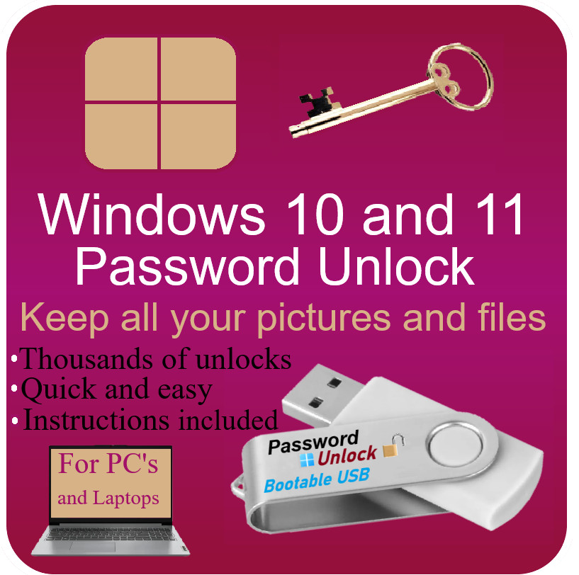 Windows 10 & 11 Laptop and PC Password Unlock Reset Bootable USB Drive