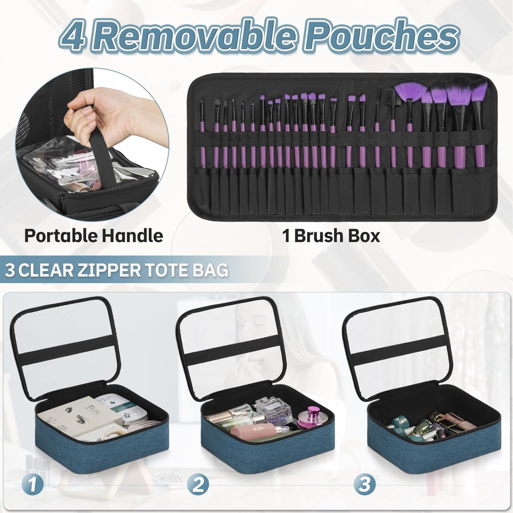 Extra Large Rolling Makeup Case with 4 Removable Pouches，Professional Make up...