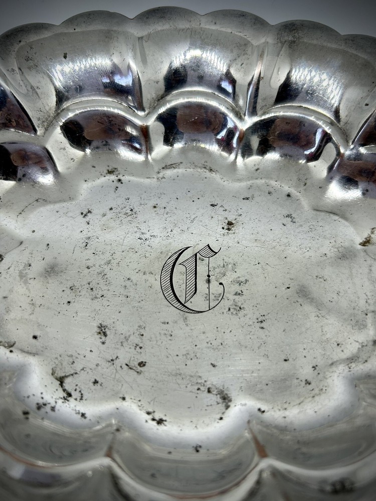 Vintage Silver Plate Fluted Oval Trinket Dish Engraved With Initial “C”