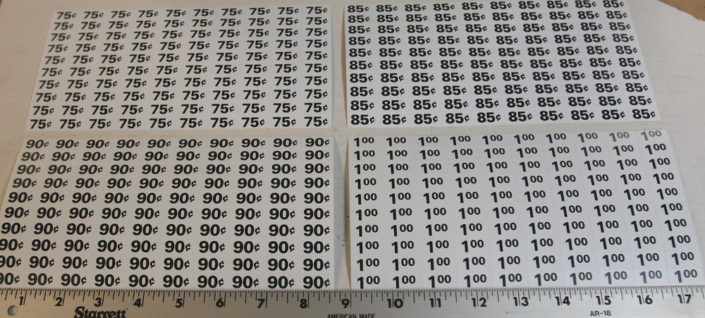 Automatic Products AP snack vending machine price labels $.75, $.85, $.90 & 1.00