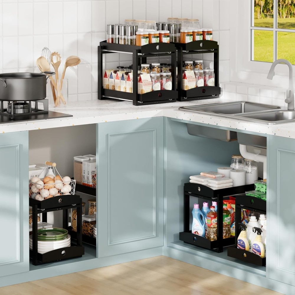 Eco-Friendly Bamboo Under Sink Organizer - 2-Tier Pull-Out with Sliding Drawers
