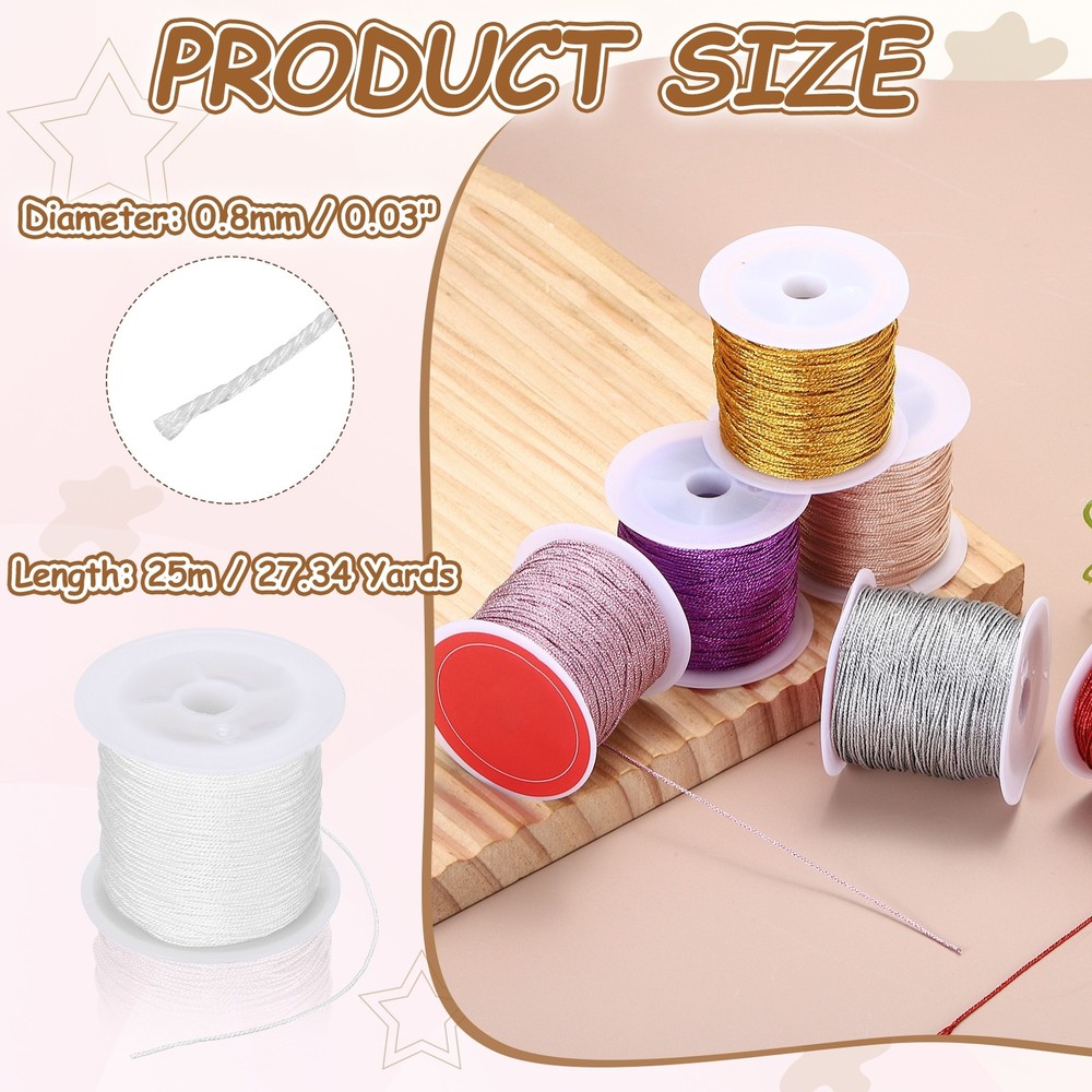 1 Roll 0.8mm Metallic Cords Thread, White, 27.34Yards