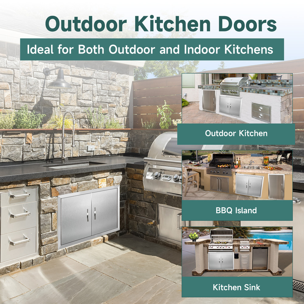 Outdoor Kitchen Doors with Handles & Hooks Stainless Flush Double Access Door