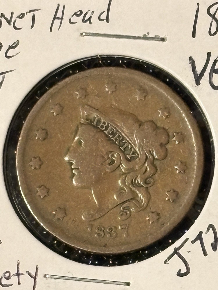 1837 Coronet Head Cent VG+ N-7, Medium Letters, Plain Cord