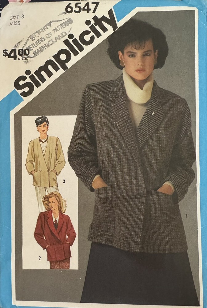 Vtg Simplicity pattern 6547 Misses' Lined Double Breasted Jacket size 8 uncut