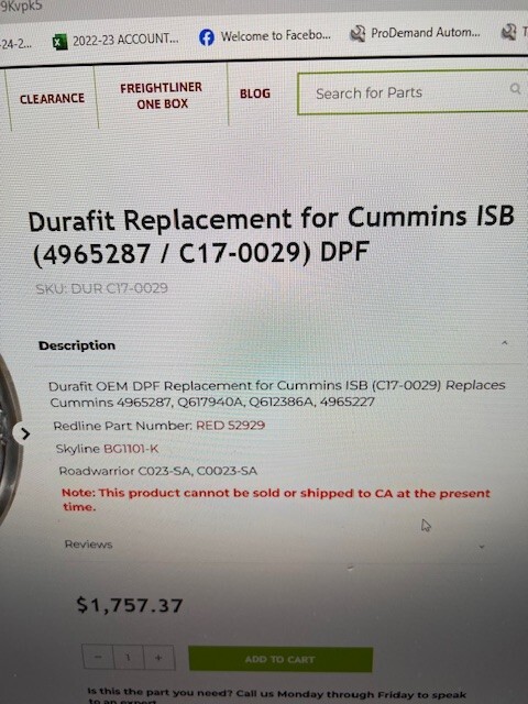 Durafit C17-0029 CUMMINS ISB DPF FILTER 4965287,4965227