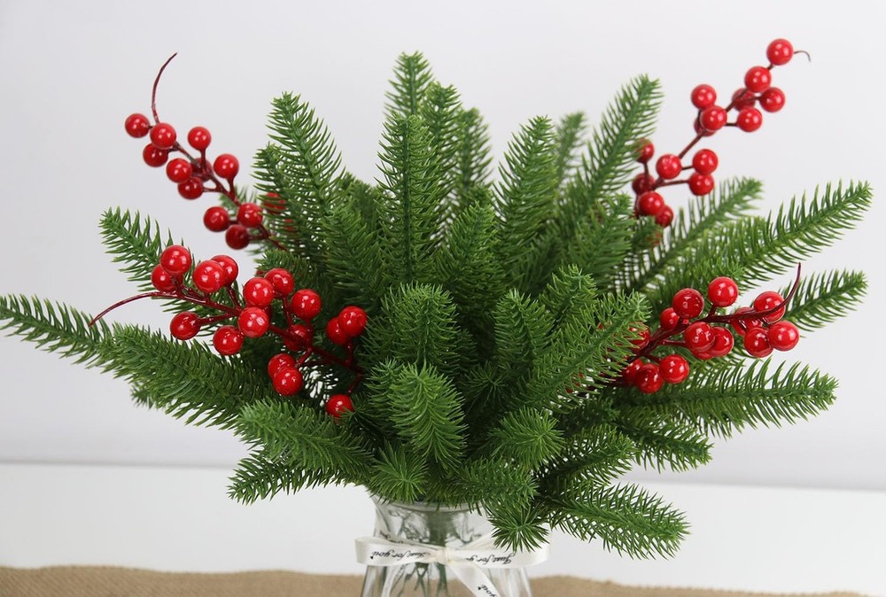 KLEWEE 60 Pcs Artificial Pine Branches, Christmas Tree Filler Branches, Reali...