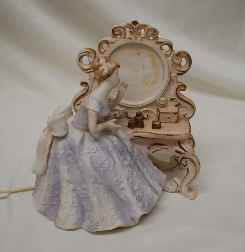 Portable Ceramic Nite Lite French lady at table AS IS Missing Mirror & thumb