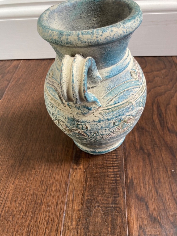 Pottery Blue Brown Beige Mediterranean Vase Pitcher Urn Jug