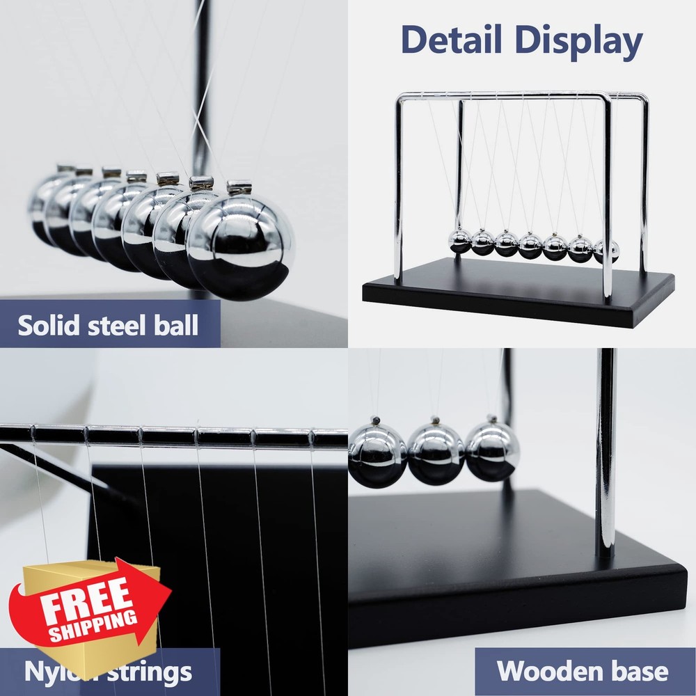 BEWITU 9in Newton's Cradle Pendulum 7 Balls Black Base
