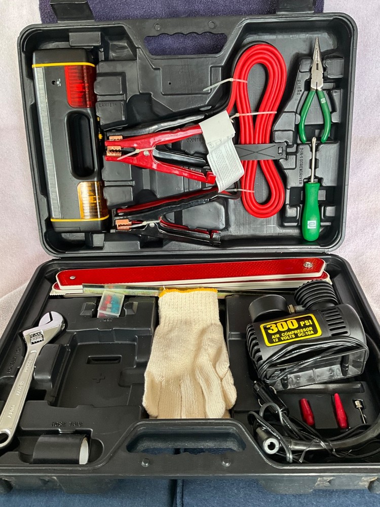 Vtg. NEW  Enterprise Emergency Car Kit  Jumper Cables Compressor Tools