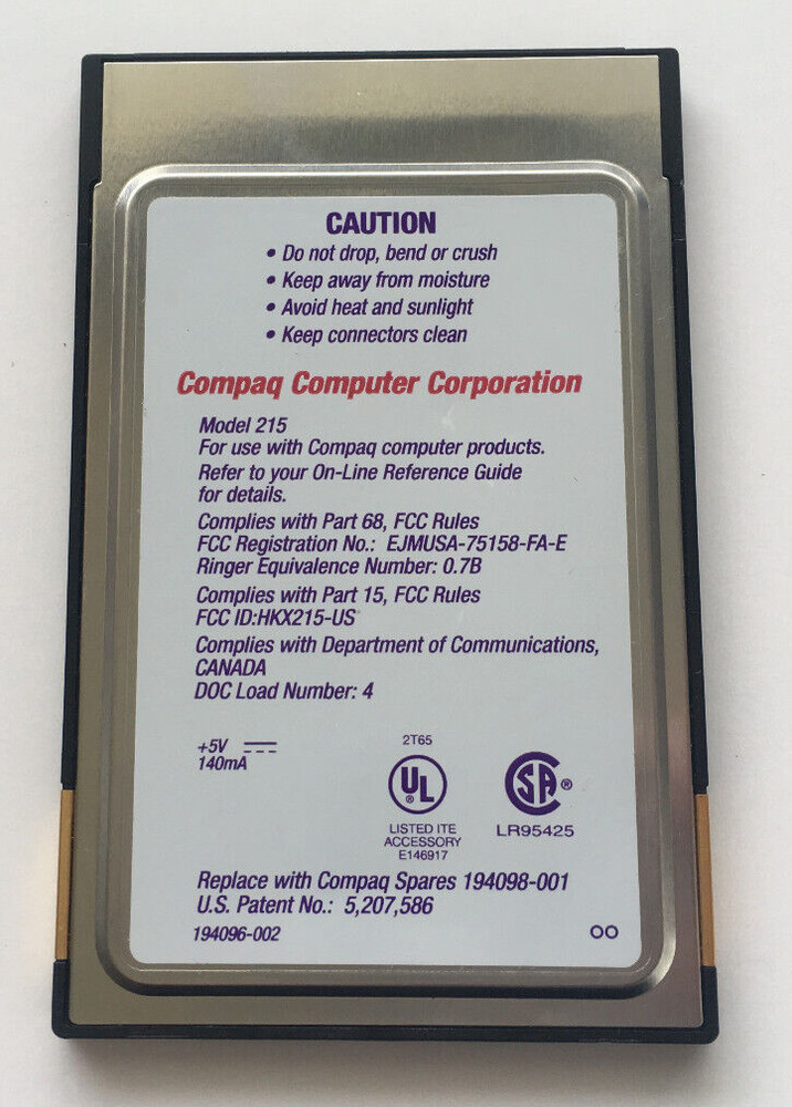 Compaq: PCMCIA 2400/9600 DATA + FAX Modem Model 215