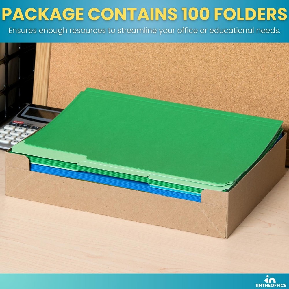 1InTheOffice Colored File Folders, Top-Tab File Folders, 3 Tab, 5 Assorted Co...
