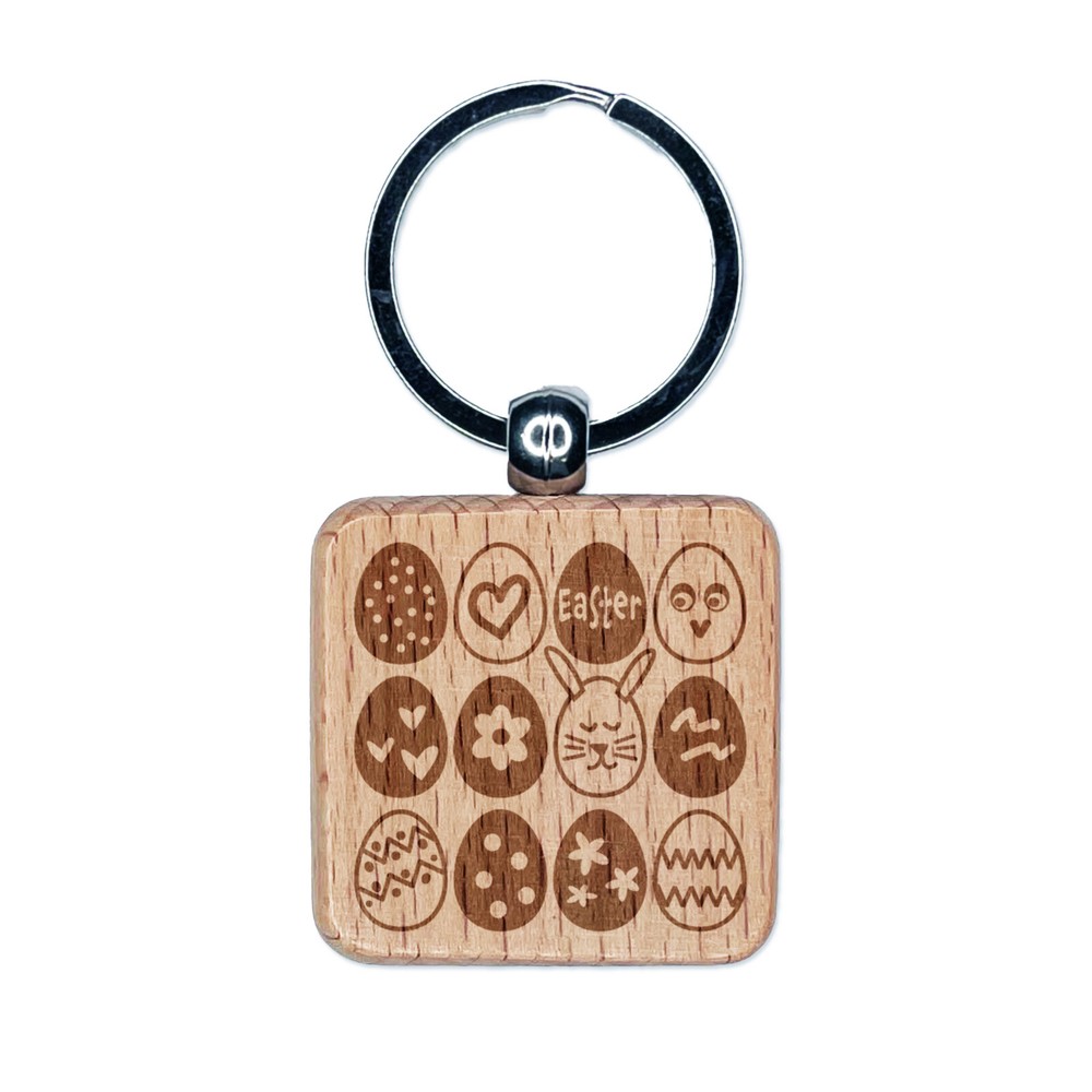 Decorated Easter Eggs Fun Engraved Wood Square Keychain Tag Charm