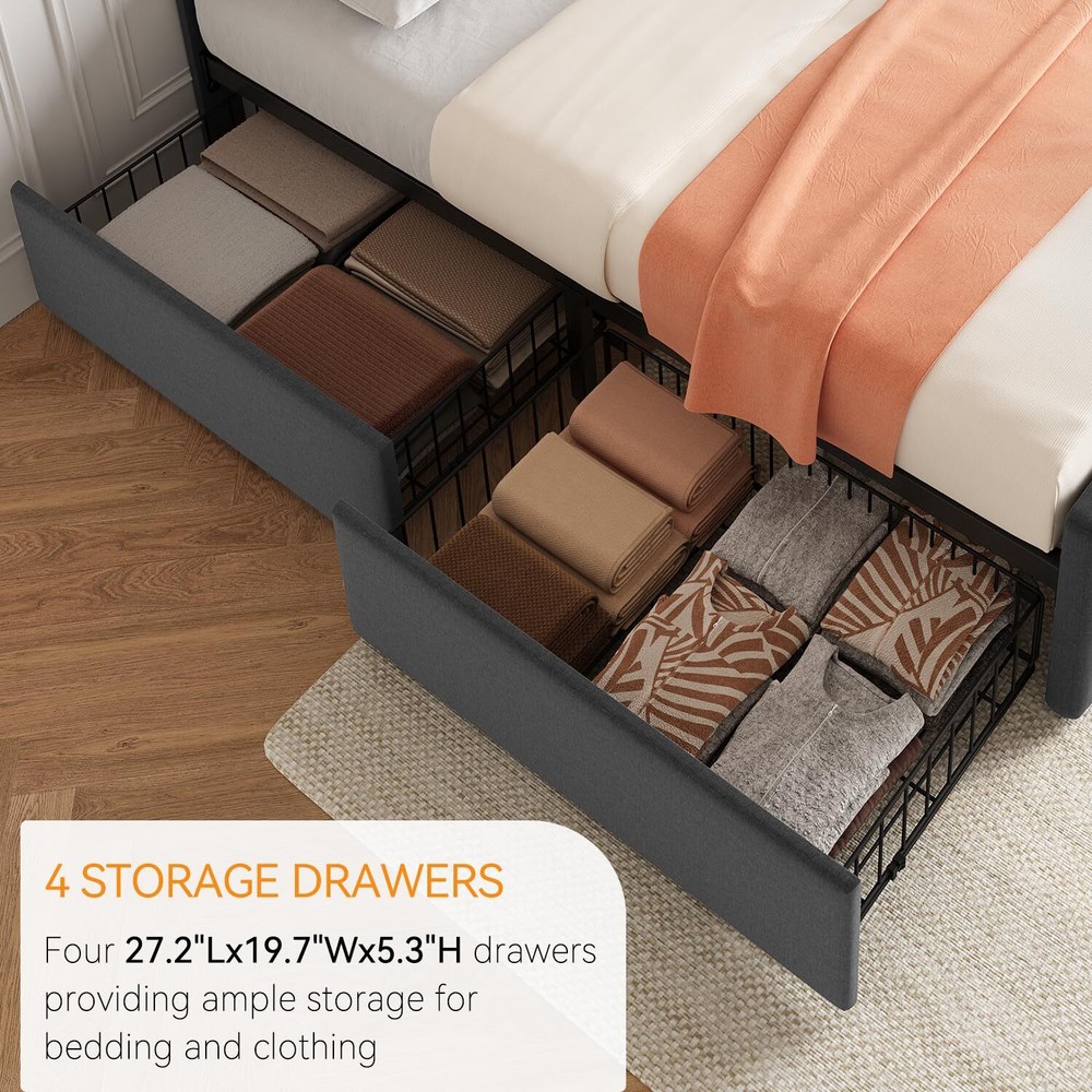 Full Size Bed Frame ,Modern Linen Upholstered Platform w/4 Storage Drawers Gray