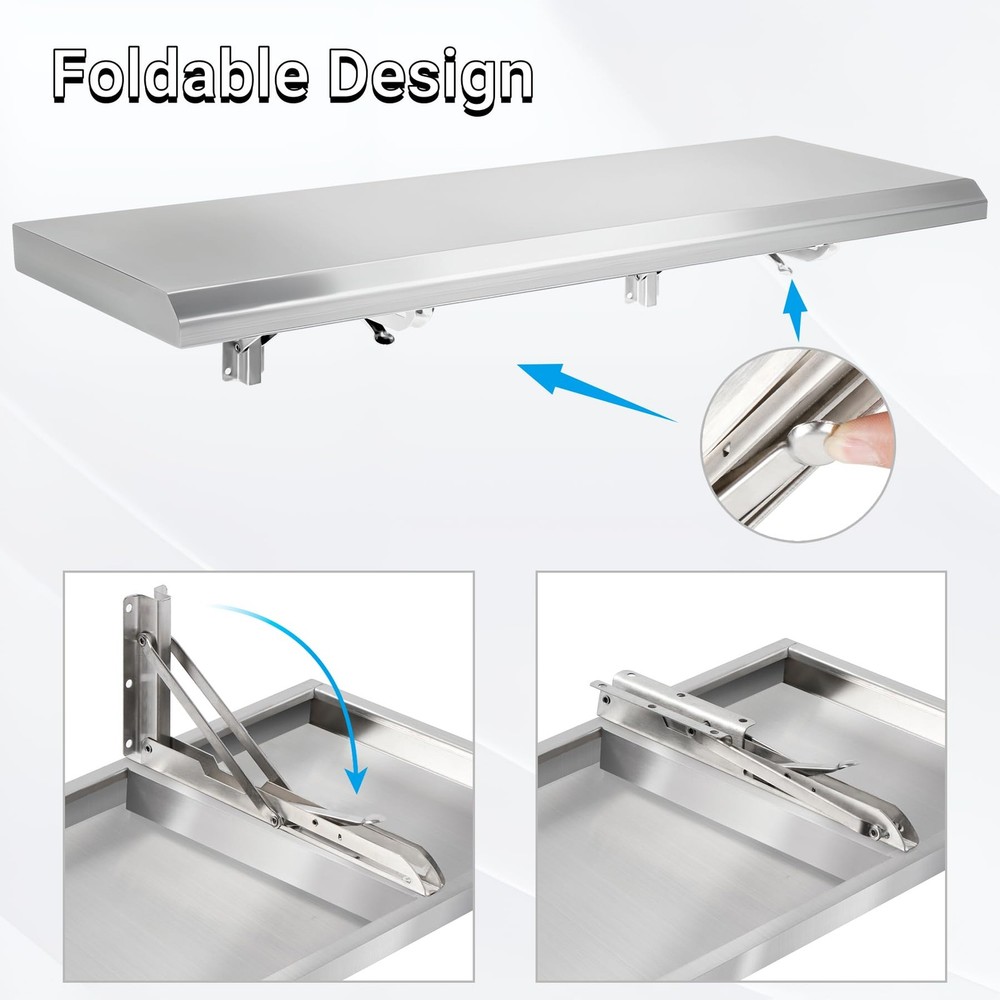 Folding Concession Shelf 36" x 12", Stainless Steel Drop Down Folding Serving...