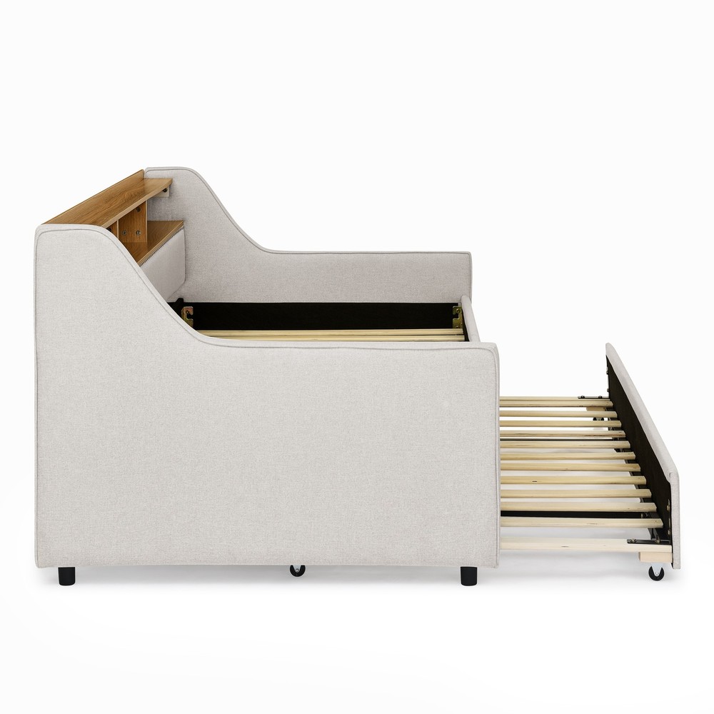 Twin Size Upholstery Sofa Bed with Three LED lights, with Storage Adjustable Hea