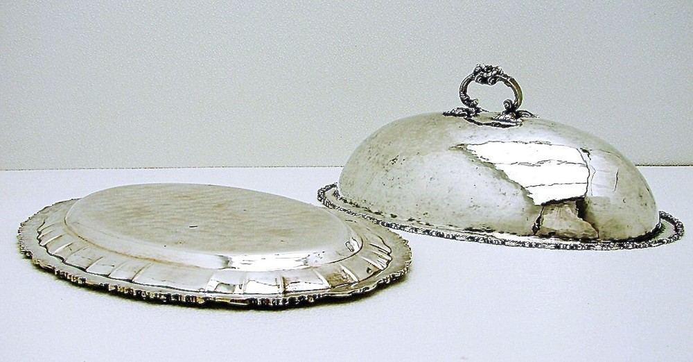 Hanau German Solid Silver Hand-hammered Serving Tray & Dome Lid marked Armorial
