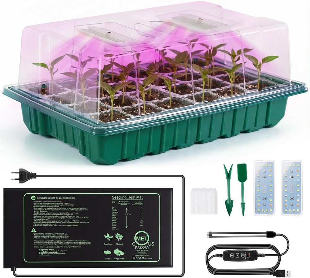 High-Lid Seed Starter Tray - Includes Grow Lights, Heat Mat & Humidity Control