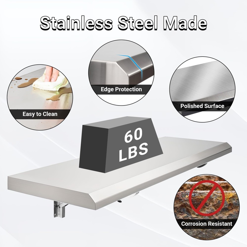 Folding Concession Shelf 36" x 12", Stainless Steel Drop Down Folding Serving...