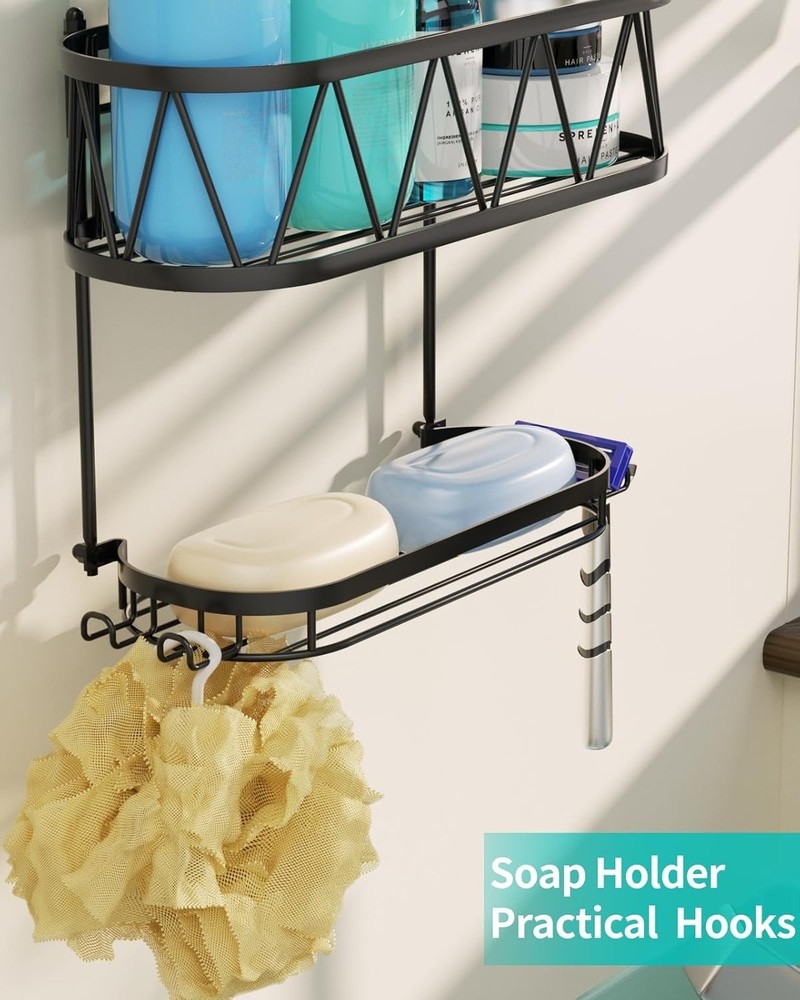 Compact Hanging Shower Shelf with Mildew Resistance & Soap Holder - Black Finish