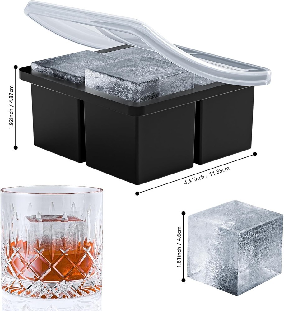 Large Ice Cube Tray Whiskey,Silicone Ice Cube Trays 2 Pack Large Ice Cube Molds