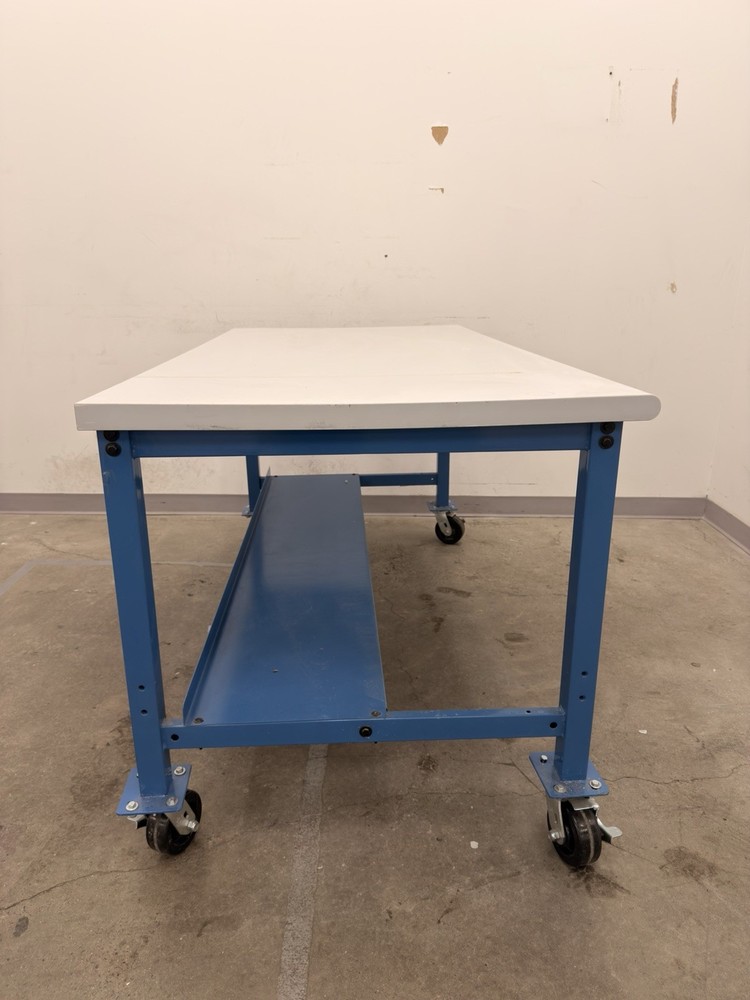 White Blue Mobile Work Bench Wheels Shelf Metal Plastic Worktop