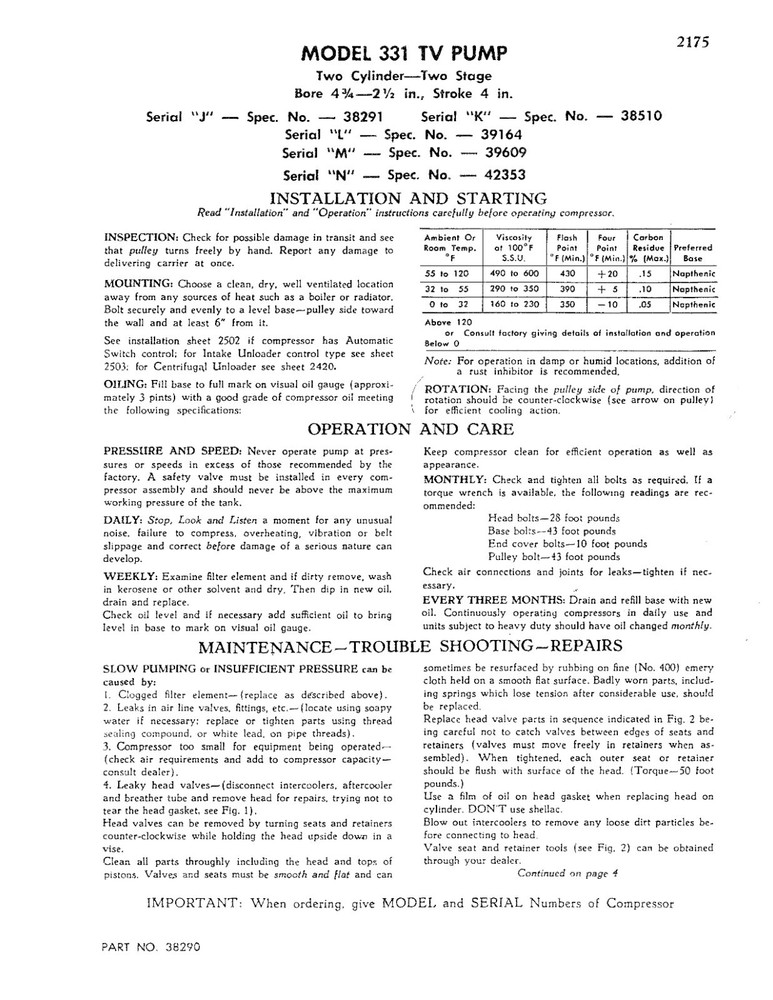 331 Two-Cyl Compressor Operator Maintenance & Parts Manual Fits Kellogg