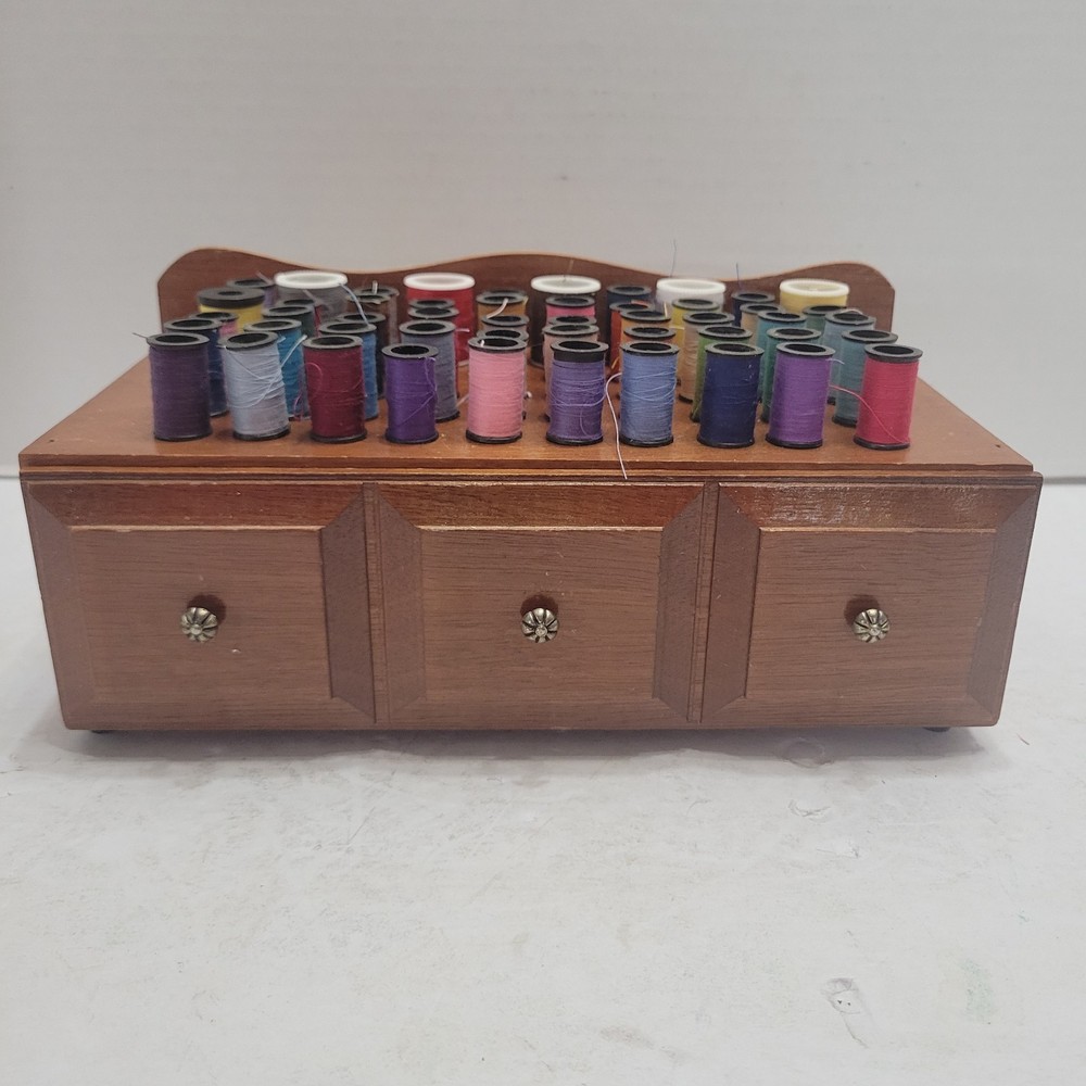 Vintage Sewing Bobbin Thread Box Footed with Drawer Craft Storage & 70 Spools