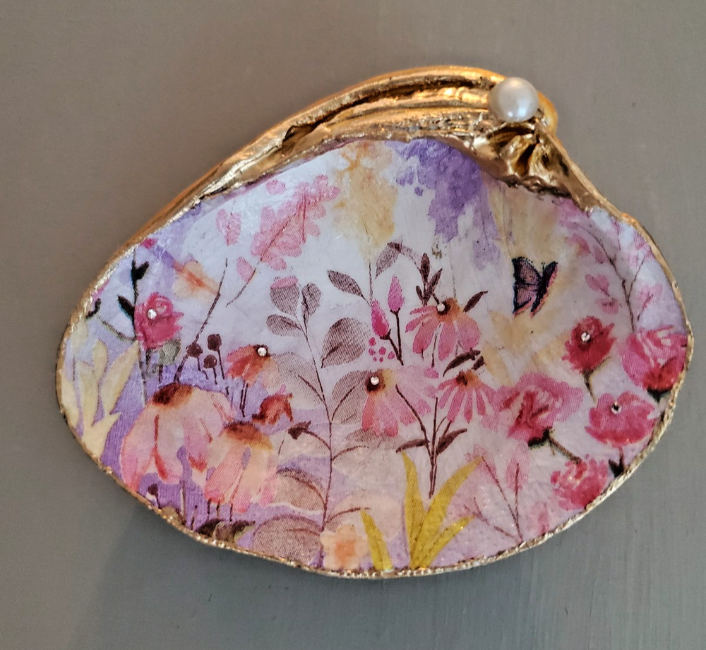 Shells Decoupaged + Flowers + Hand painted Gold Leaf Trim + Butterfly
