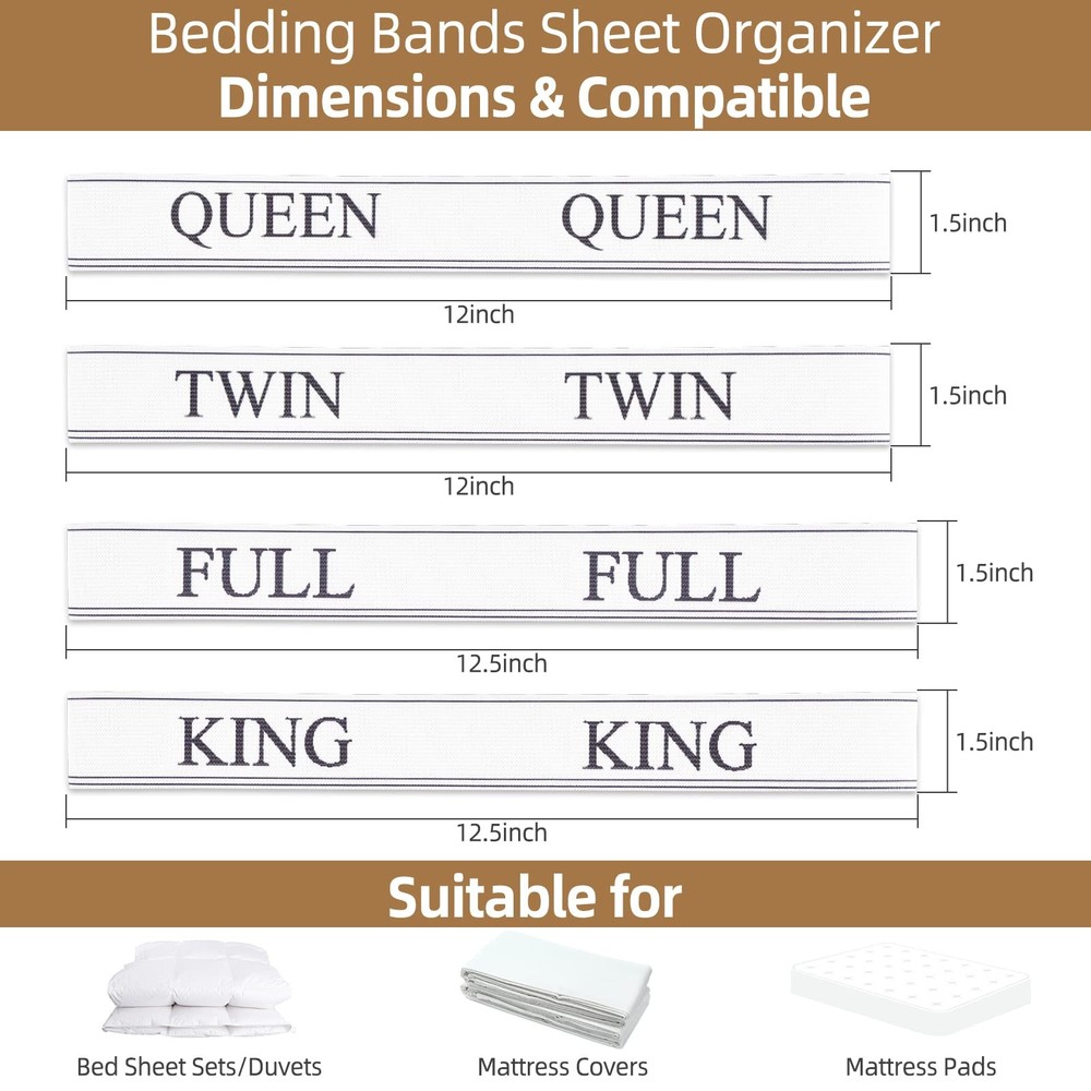Bed Sheet Organizer Bands - Keepers & Elastic Small, Queen 4 Pack