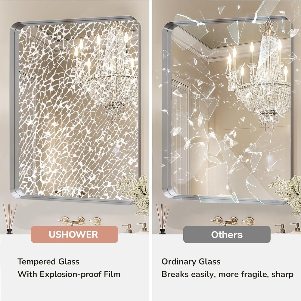 USHOWER 22x30 Brushed Nickel Bathroom Mirror 2 Pack Rectangle Wall Mounted Hooks