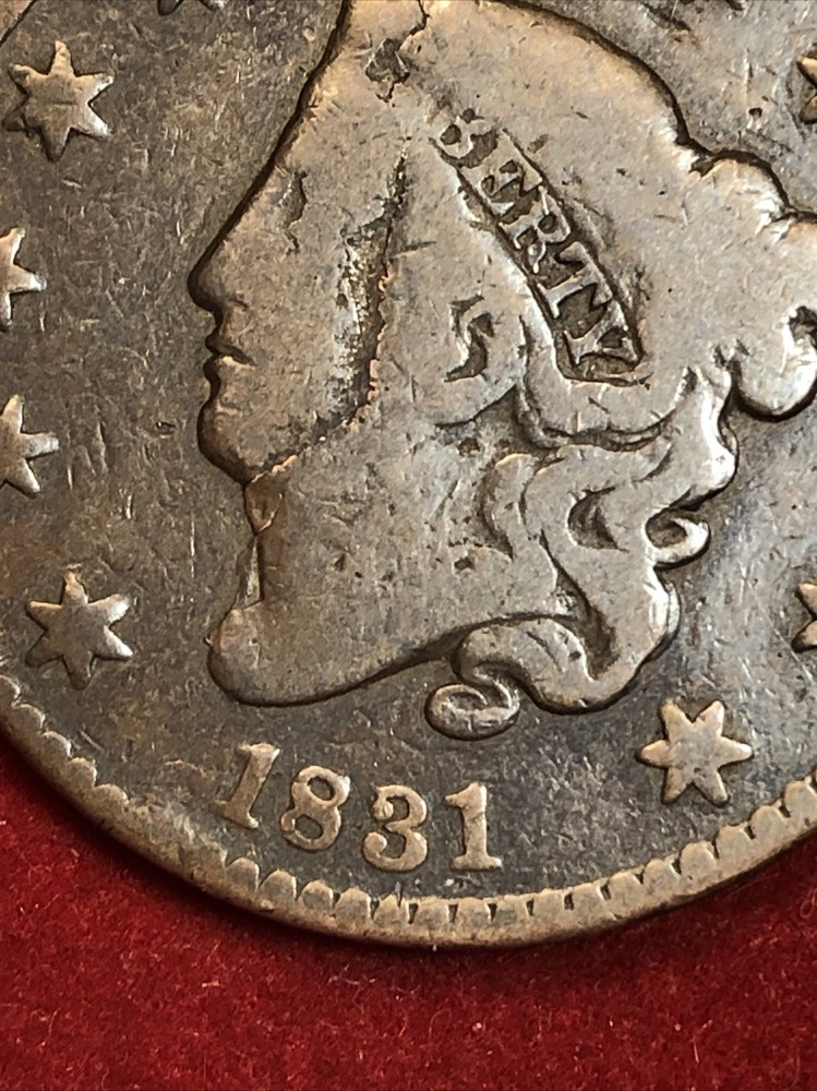 1831 coronet head large cent Error Major Planchet Lamination Choice For Grade